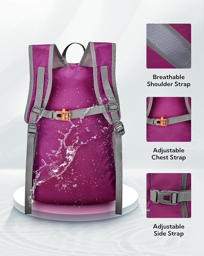 WATERFLY Hiking Packable Daypack Backpack: 25L Ultra Lightweight Day Pack for Women Men - Small Compact Folding Back Pack for Outdoor Sport Cycling Camping Travel Trip - Rose red