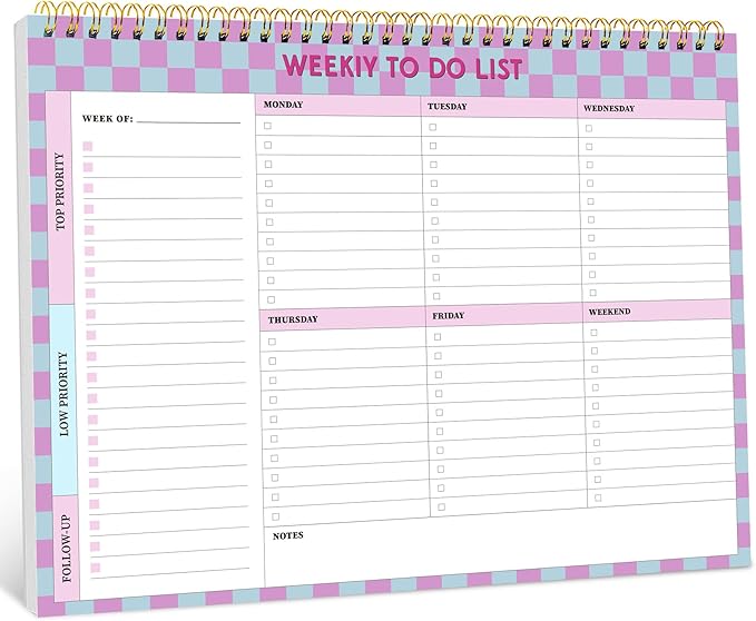 Taja Weekly To Do List Notepad with 52 Undated Sheets（8.5"×11"）- Weekly Desk Planner for Women & Man, Work and Home - 1 Pack Lavender Checkered