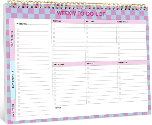 Taja Weekly To Do List Notepad with 52 Undated Sheets（8.5"×11"）- Weekly Desk Planner for Women & Man, Work and Home - 1 Pack Lavender Checkered