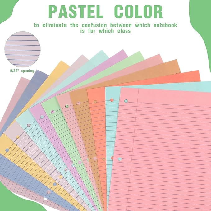 PerKoop 12 Pack 600 Sheets Colored Lined Paper Bulk College Ruled 8 x 10.5 Inches, Loose Leaf Notebook Paper 3 Hole Ring Punched Filler Back School Supplies, Line Spacing 0.7cm (Sweet Color)