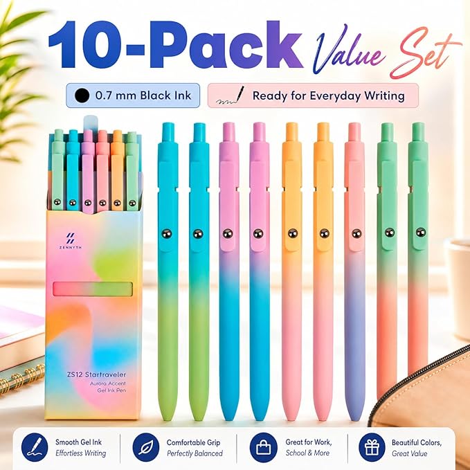 Gel Pens School Office Supplies - 10 Pcs 0.7mm Cute Black Ink Ballpoint, Aesthetic Fine Point Pen, Desk Accessories for Women College Teacher, Pastel Colored Smooth Writing Pen for Journaling Gifts