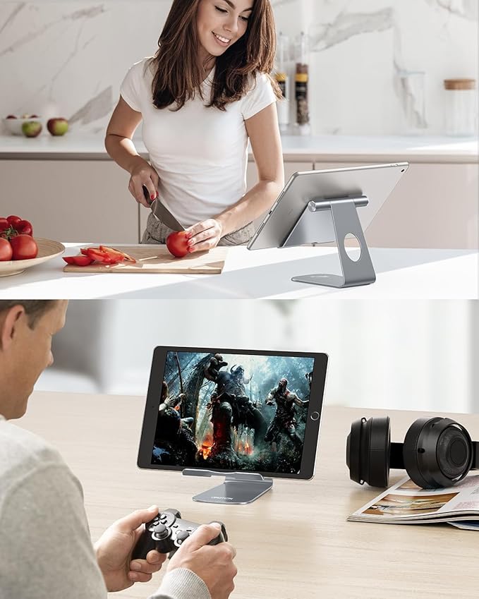 OMOTON Tablet Stand Holder Adjustable, T1 Desktop Aluminum Tablet Dock Cradle Compatible with iPad Air/Mini, iPad 10.2/9.7, iPad Pro 11/12.9, Samsung Tab and More, Grey