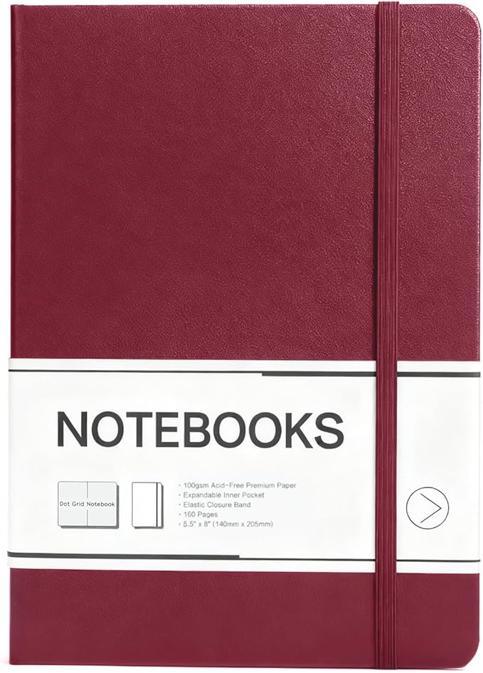 M&G Dotted Journal Notebook, 160 Pages A5 Hardcover Leather Journal for Men Women, 100GSM Thick College Ruled Paper for School and Work Note Taking 5.6" x 8", Burgundy