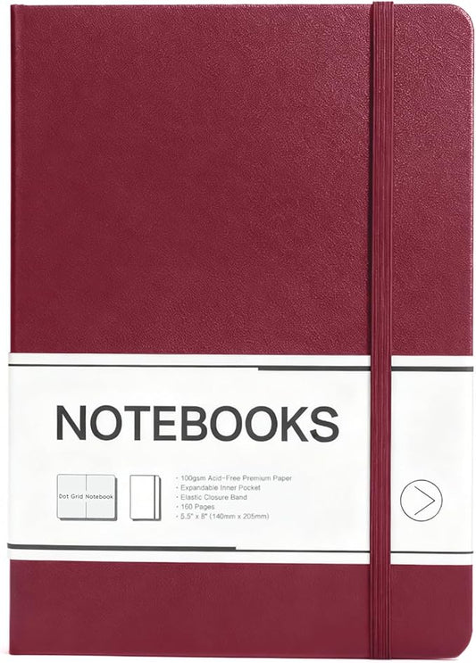 M&G Dotted Journal Notebook, 160 Pages A5 Hardcover Leather Journal for Men Women, 100GSM Thick College Ruled Paper for School and Work Note Taking 5.6" x 8", Burgundy