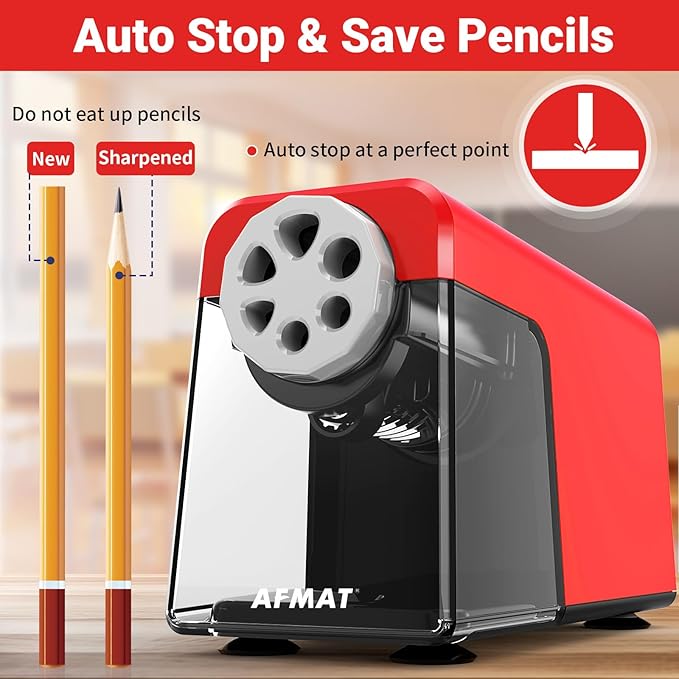 AFMAT Electric Pencil Sharpener 6 Hole, Cordless & Rechargeable, Colored Pencil Sharpener for 6-11mm Pencils, Auto Stop, Super Fast, 10,000+ Sharpenings, Battery Powered for Classroom/Home/Office PSD1