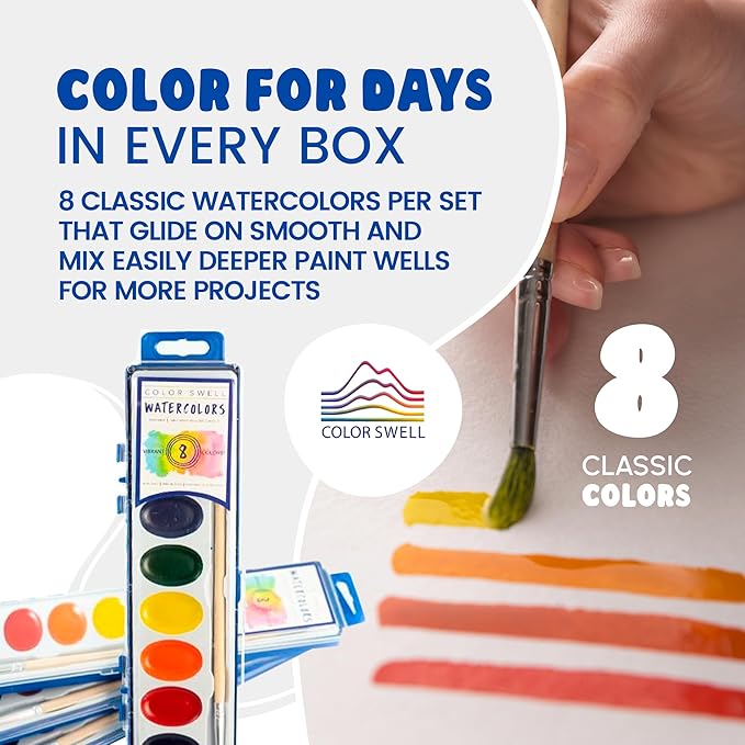 Color Swell 144 Set Bulk Watercolor Paint Pack with Wood Brushes 8 Colors Washable Water Colors Perfect for Kids Classroom, Parties, Students, Donations