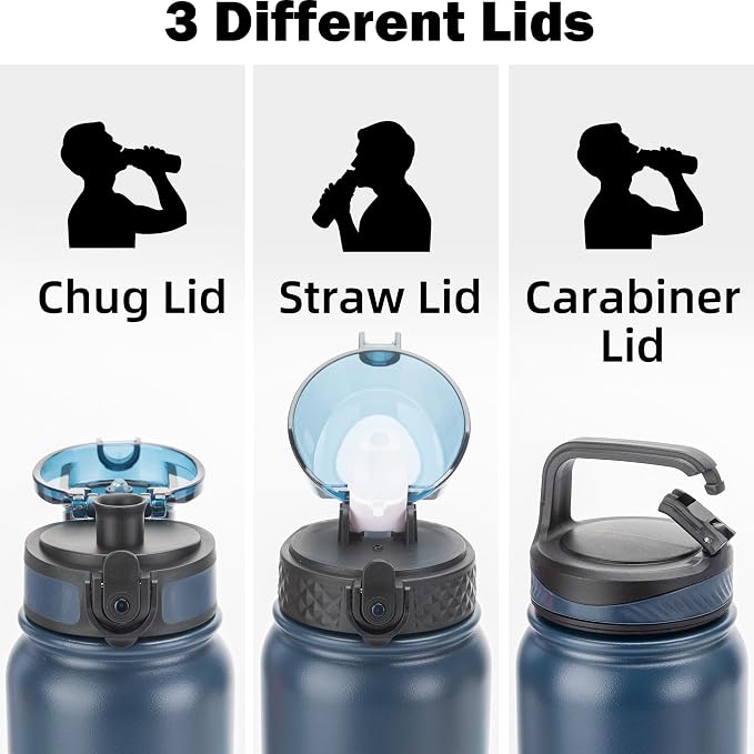 Oldley Insulated Water Bottle 32oz Water Bottles with Straw, Stainless Steel Water Bottle with 3 Lids, Double Wall Vacuum Bottels for Adults Kids,Leak-Proof Sport Bottles for School Travel, Navy Blue