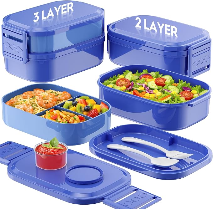 BiuLeon Bento Box Adult Lunch Box, 65 Oz Capacity Lunch Containers(Adjustable 2/3 Tier), BPA-Free, Leak-Proof and Stackable Bento Lunch Box, Microwave & Dishwasher Safe with Utensils(Blue)