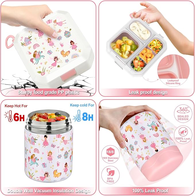 wiwens Bento Lunch Box for Kids with 12oz Soup Thermo Leak-Proof Lunch Food Container with 5 Compartment Thermo Hot Food Jar and Insulated Lunch Bag for Kid Toddler Girls Boys to School