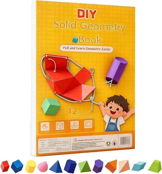 Pull String 3D Geometry Learning Book - Fun Volume & Surface Area Formula Teaching Tool with Braided Rope Design (12-Model Version)