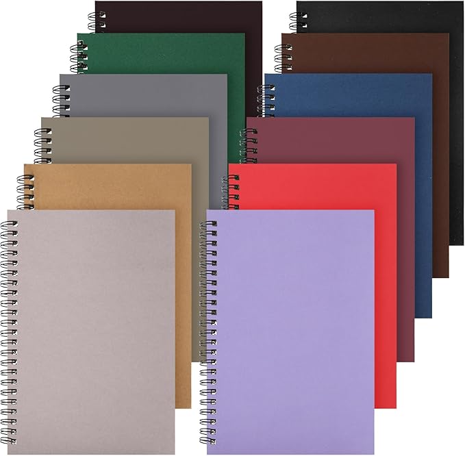 Leelosp 12 Pcs Small Spiral Notebook Lined Spiral Journal College Ruled Notebook Wire Bound Kraft Cover, 120 Pages for Work (Dark Color,5.5 x 8.3 Inch)