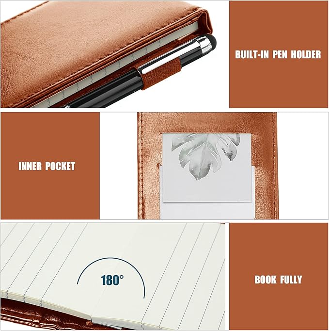 Outus 10 Pcs Mini Pocket Notepad Holder Set Included Small Leather Pocket Notebook Holder with 50 Lined Sheets, Metal Pen, 8 Pcs 3 x 5 Inch Memo Book Refills, 30 Lined Paper Per Note Pad (Brown)