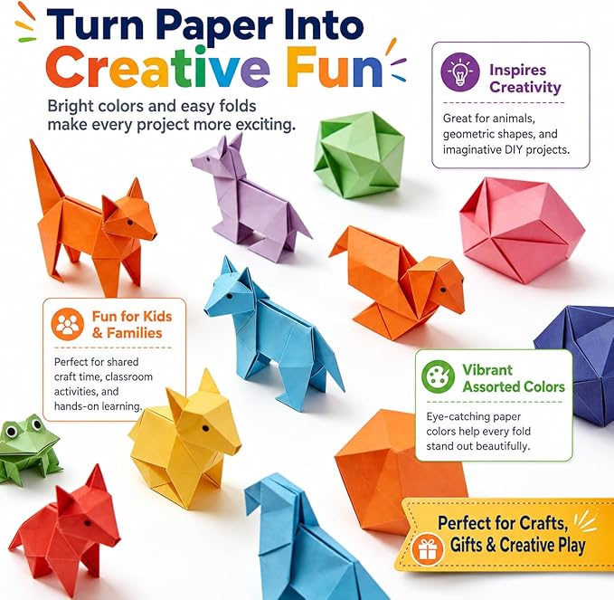 Origami Paper Kit 1000 Sheets 6 Inch Square Double Sided 20 Vivid Colors for Origami Crane, Heart，Perfect for Beginners,Kids,Parent-Child Interaction & School DIY Handmade Craft Lessons，Ideal Gifts