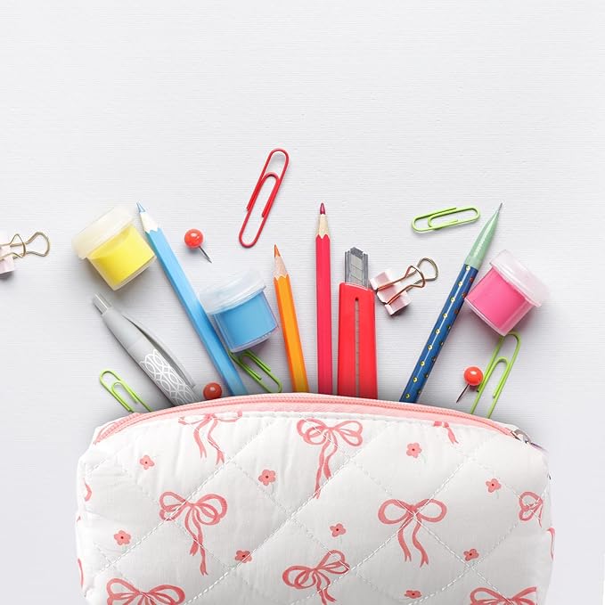 Sherr Coquette Bow Pencil Case Pink Bow Cute Pencil Pouch Soft Cotton Storage Bag Aesthetic Pattern Gift Makeup Pouch Cosmetic Bag for Women Adults