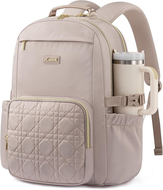 LOVEVOOK Laptop Backpack for Women with Pouch Pocket for Large Capacity Cup,17 Inch Teacher Nurse College Work Backpack Purse,Waterproof Laptop Bag Computer Back Pack for Travel, Nude+Wicker pattern
