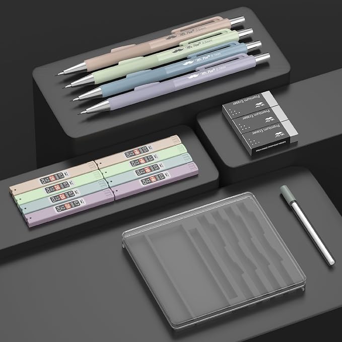 Mr. Pen- Pastel Mechanical Pencil Set with Lead Refills & Erasers, 4 Pack | 2 Sizes, 0.5 & 0.7mm, Fast Click, 6x Tubes HB & 2B Lead Refill, 3x Eraser for School Supplies, Drafting, Drawing & Sketching