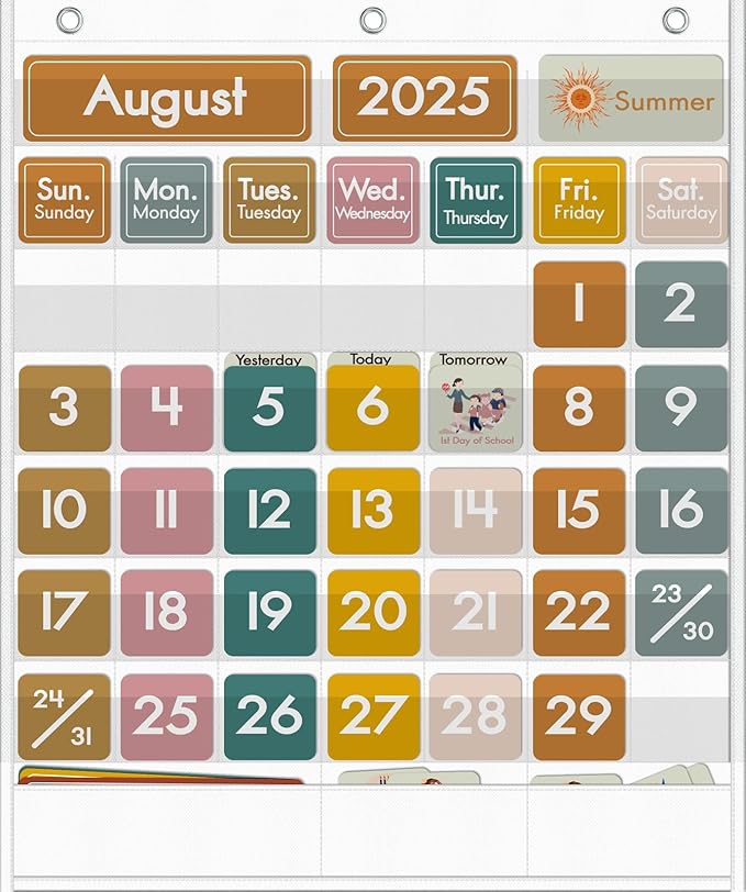 48 Pockets Classroom Calendar for Kids Learning, Pocket Chart Calendar Decor with Special Educational Cards, Teacher and Classroom Must Have Supplies, Boho