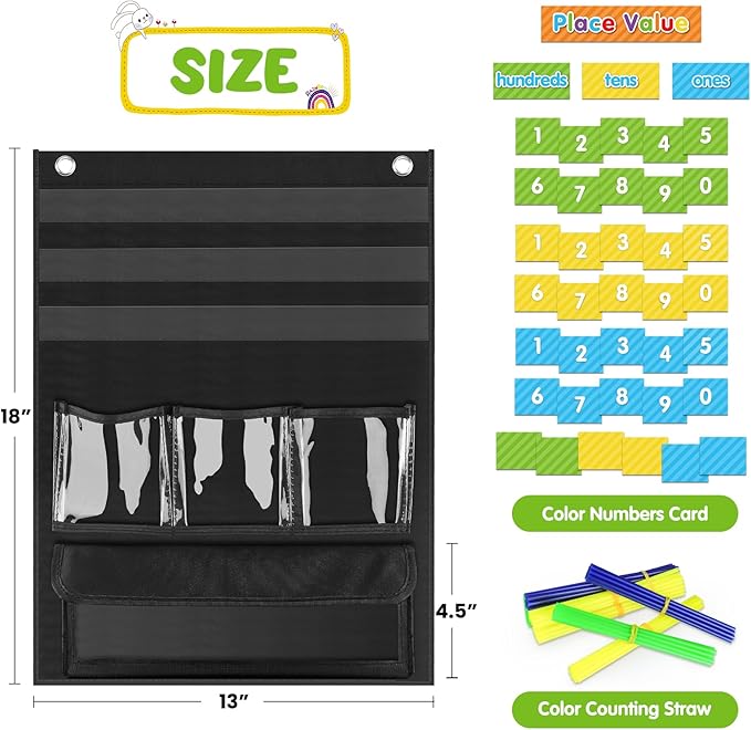 Counting Caddie and Place Value Pocket Chart for Kindergarten Preschool Homeschooling Classroom,210 Straws & 30 Number Cards & Header Cards Included (Black)