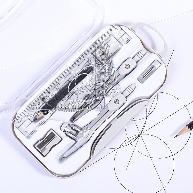 Vobou 10 Pieces Math Geometry Kit Set Student Supplies with Shatterproof Storage Box,Includes Rulers,Protractor,Compass,Eraser,Pencil Sharpener,Lead Refills,Pencil,for School and Drawings（Grey）