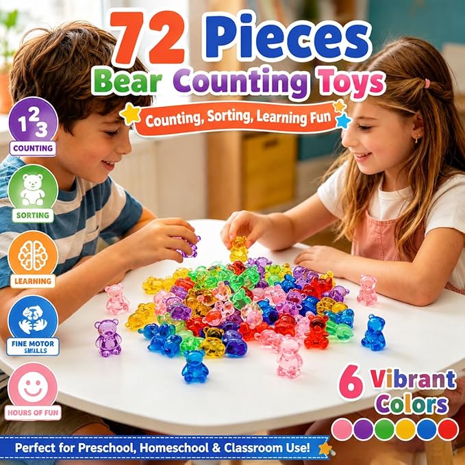 Counting Bears for Kids, 72 PCS Math Counters with Storage Box, Montessori Color Sorting & Counting Toys for Toddlers, Preschool Educational Math Manipulatives for STEM Learning (3 Styles)