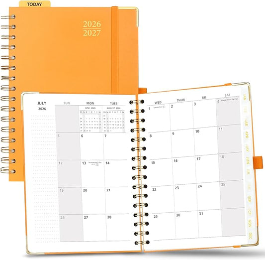POPRUN Monthly Planner 2026-2027 Spiral Hardcover (6.25'' x 8.5''), 18 Months Calendar (Jan.2026-Jun.2027) - 2 Pages per Month with Dotted Note Pages, Sunday Start, Laminated Tab - Orange