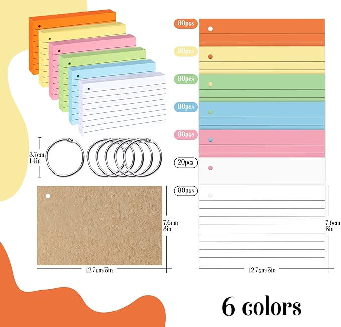 Agoer 500PCS Index Cards with Ring,3 x 5 Inches Flash Cards,Punched Lined Flashcards,Heavy Study Note Card,Vocabulary Cards,Colored Ruled Note Cards for Office,School,Home,Learning,College