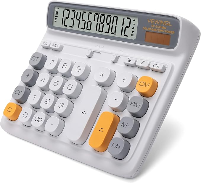 VEWINGL Desktop Calculator with Extra Large LCD Display, 12-Digit Dual Power Solar & Battery Calculator, Big Button Office Calculator for Accounting, Home, School & Business Use (Gray)