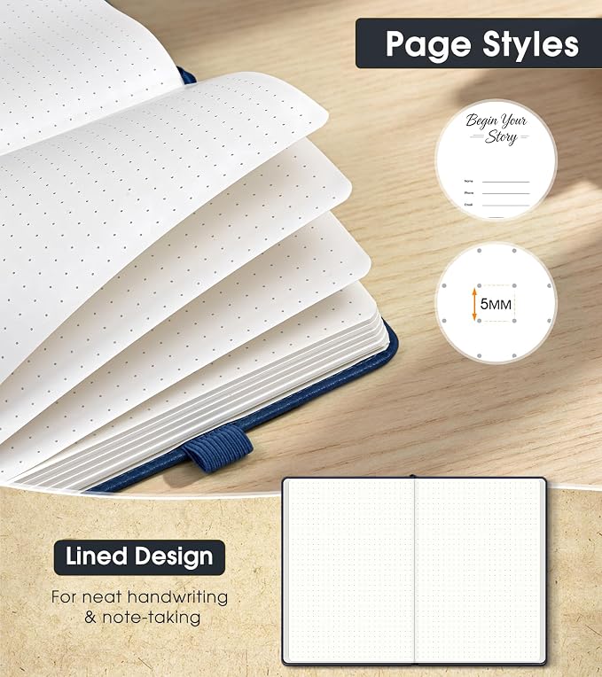 Dotted Journal Notebook, A5 Leather Hardcover, 160 Pages, 180° Lay-Flat Binding, 100 GSM Thick Paper, Dot Grid for Bullet Journaling, Planning & Daily Organization (Navy)