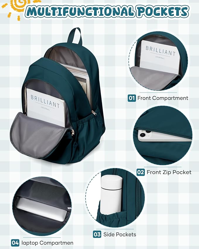 winspansy Backpack for School Teenage Girls Boys,Waterproof Lightweight School Bags Travel Daypack Simple Cute College Backpack Rucksack for Women Men fit 14 Inch Laptop,Peacock Blue