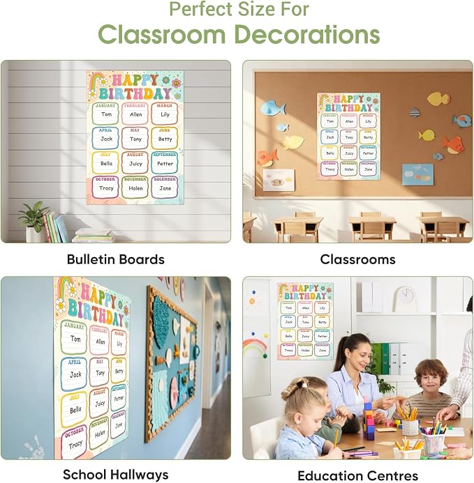 FaCraft Boho Birthday Chart Poster for Classroom - 16.5"x12" Reusable Laminated Happy Birthday Calendar with Glue Dots Bulletin Board Decorations Back to School Teacher Supplies Class Wall Decor