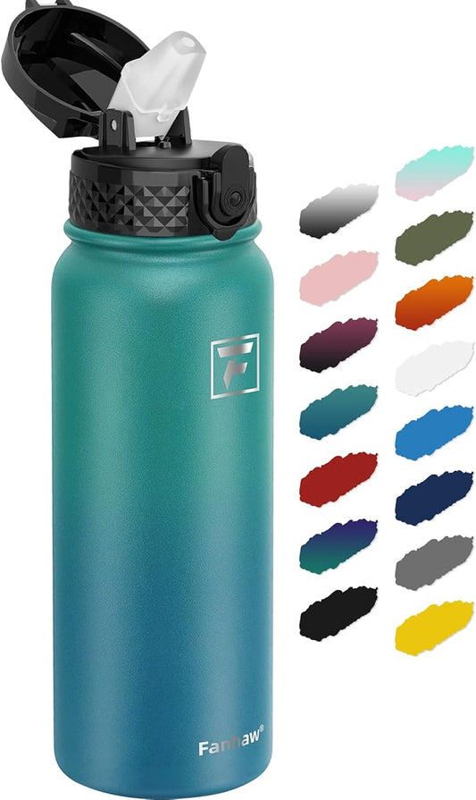 Fanhaw 20 Oz Kids Insulated Stainless Steel Water Bottle with Straw Lid, Leakproof & Anti-Dust Everyday Use Bottle for School, Women & Men, Back to School Essentials (Green Blue)