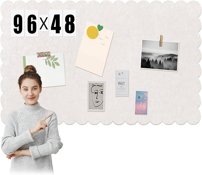 Mooliwe Scalloped Felt Bulletin Board 96 x 48 Inches Foldable Beige Pin Cork Board Alternative for Wall, 8' x 4' Trifold Picture Vision Self Adhesive Bulletin Decorative