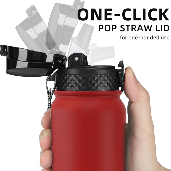 Fanhaw 20 Oz Kids Insulated Stainless Steel Water Bottle with Straw Lid, Leakproof & Anti-Dust Everyday Use Bottle for School, Women & Men, Back to School Essentials (Red)