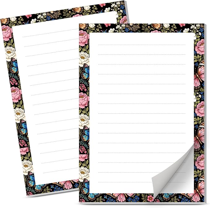 Lined Sticky Notes 4x6 in, 2 Pack Large Cute Notepads with Lines Self-Stick Note Pad, Funny Memo Pads Strong Adhesive for Office, Home Luxury Flower Butterfly
