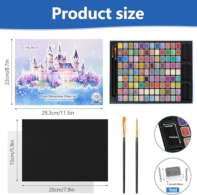 CraftyManor Mini Glitter Watercolor Paint Set with Paper, 108 Colors Shimmer Metallic Watercolour Painting Sets, Solid Pearl Water Color Paints, 1ml Trial Package(1ml 108 Colors)