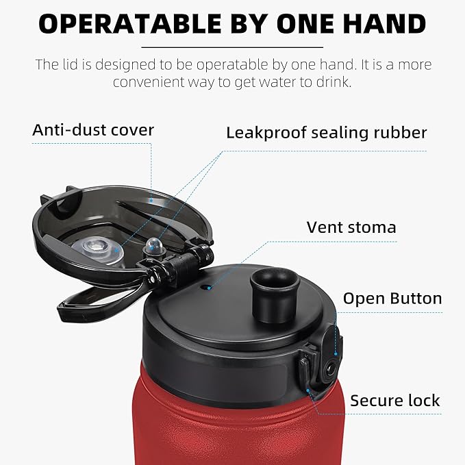 Fanhaw 20 oz Insulated Stainless Steel Water Bottle with Anti-Dust Chug Lid, Leakproof Vacuum Metal Everyday Use Bottle for Kids, Teens & Adults, Back to School Essentials (Red)