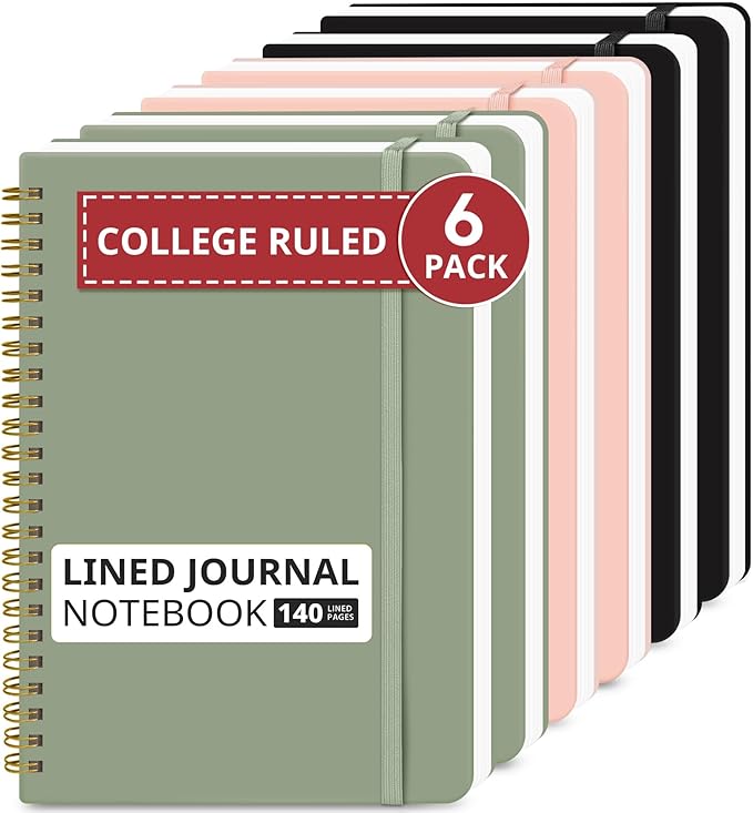Taja Lined Spiral Journal Notebook for Women & Men, 140 Pages, College Ruled Hardcover Notebook for Work & Note Taking, Journals for Writing, A5(5.7" x 7.9") -Multi, 6 Pack