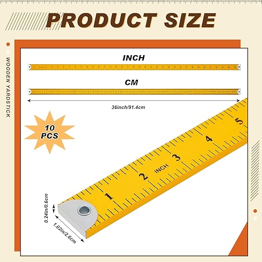Hoteam 10 Pcs Heavy Duty Wooden Yardstick 36 Inches Natural Wood Yard Stick Ruler with Hang Hole Metal Tips 1/4-inch-thick Yardstick Ruler Metal Ends Meter Stick Clothing Measuring (Yellow)