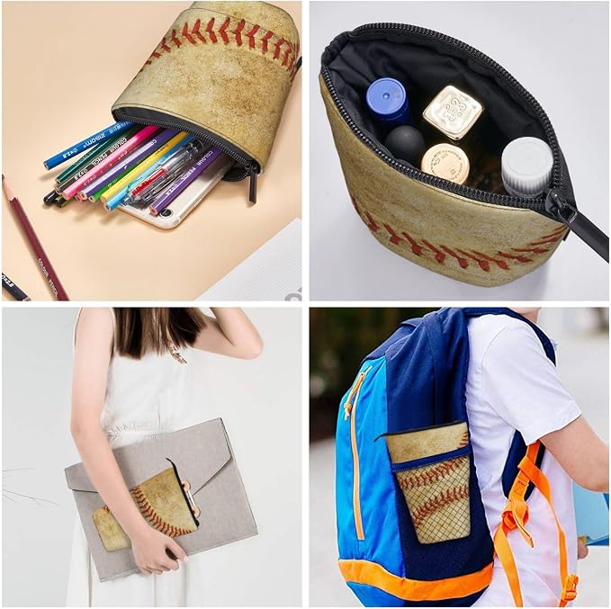Retro Baseball Kids Standing Pencil Case Girls Boys Telescopic Stationary Pouch with Zipper Large Capacity Stand up Pen Bag Portable Makeup Holder for Children School Students Office Supplies