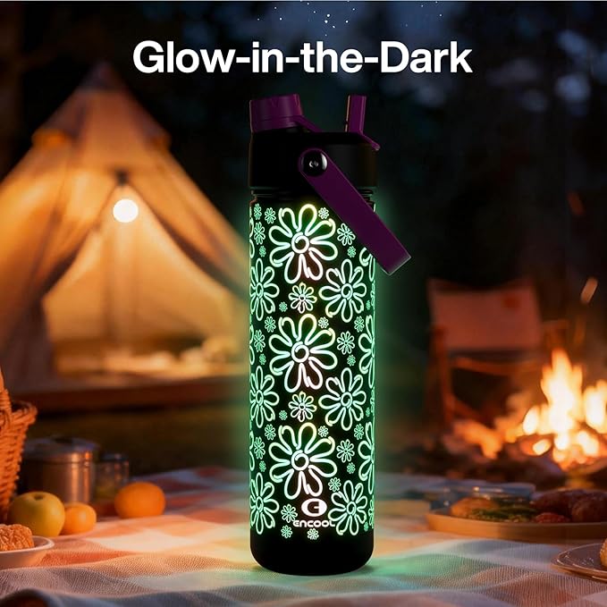 ENCOOL Insulated Water Bottle with Straw Stainless Steel Water Bottle, Glow in the Dark, Leak-Proof, BPA-Free, Keeps Cold for 24 Hours for Sports, Travel, School (26 oz, Flower)