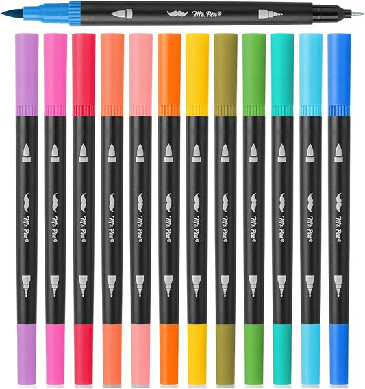 Mr. Pen- Dual Tip Brush Pens, 12 pcs, Assorted Color, Fine & Brush Tip Markers for Adult Coloring Markers for Adults