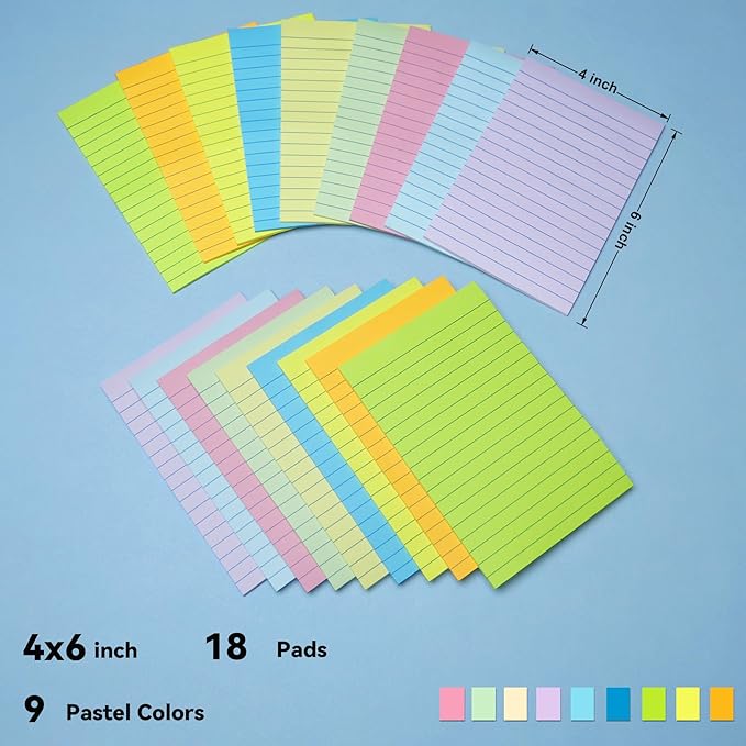 (18 Pads) Lined Sticky Notes 4x6 in Post, Large Notepads with Lines, Pastel Colors Self- Stick Note Pad it, Strong Adhesive, Post on Windows, Doors, Easy to Write for Office, Home, School