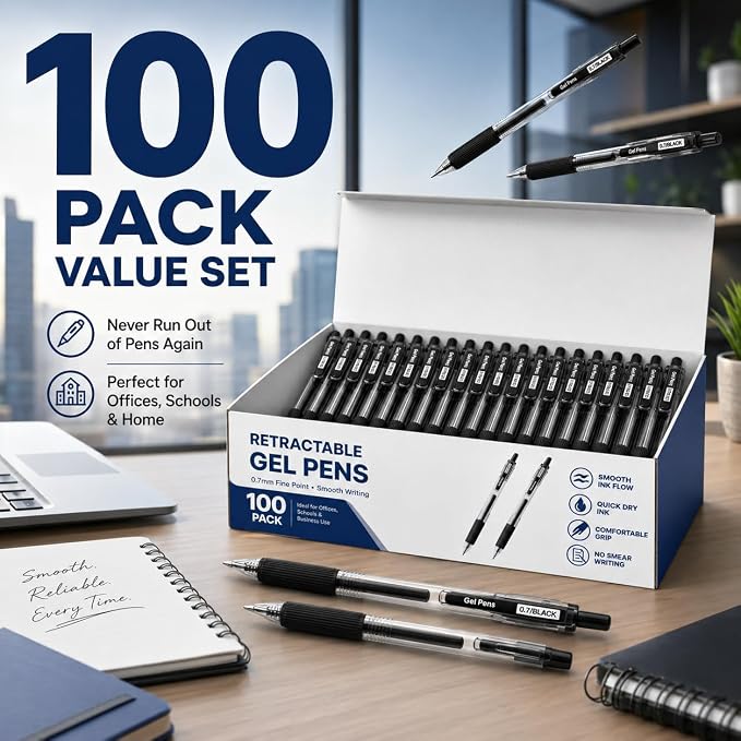 100 Pack 0.7mm Black Gel Pens Retractable Medium Ballpoint Pens Bulk | Smooth Writing, Non-Slip Grip, Quick-Drying Black Ink, No Bleed, No Smear, Clear Barrel with Clip for Office School Supplies