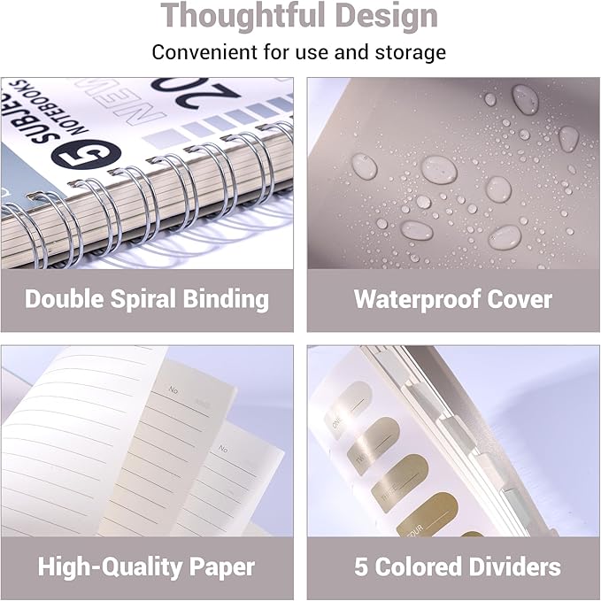 FLYING EAGLE Small Spiral Notebook 5 Subject Notebook Wide Ruled with Dividers Tabs Waterproof Plastic Cover Thick Paper Notebooks for Work School, 7x10 Grey