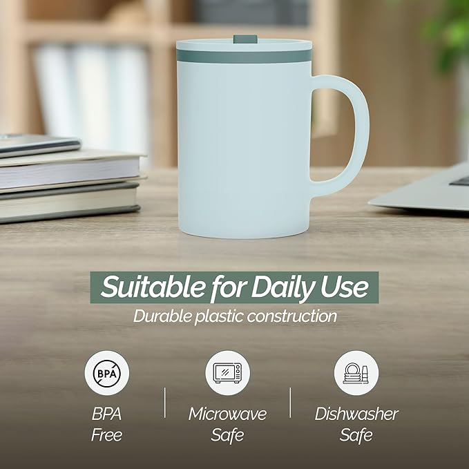 Copco Iconic 16oz Double Wall Insulated Desk Mug with Lid & Handle, Set of 2, BPA-Free Reusable Plastic, Spill-Resistant, Microwave & Dishwasher Safe, Wide Mouth (Grey)