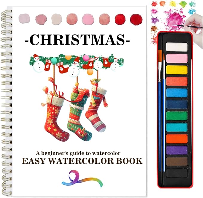 Watercolor Workbooks Coloring Book Beginner Friendly Painting Kit Easy Nature Scenes Paint Set Art Crafts for Creative Exploration Gift for Adults (Christmas, with Palette)
