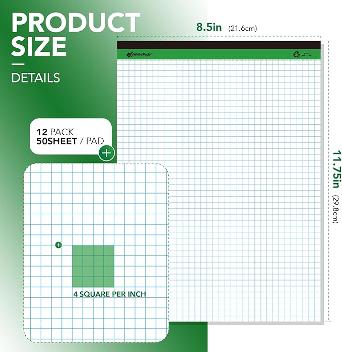 KAISA Graph Paper Legal Pads Writing Pads 6 pad 300 Sheets Recycled Paper 8.5"x11.75" Quad Ruled 4x4 Perforated 50sheets/pad Grid Paper Notepads Writing Tablet White For Office Supplies (White 6pad, 8.5x11.75'')