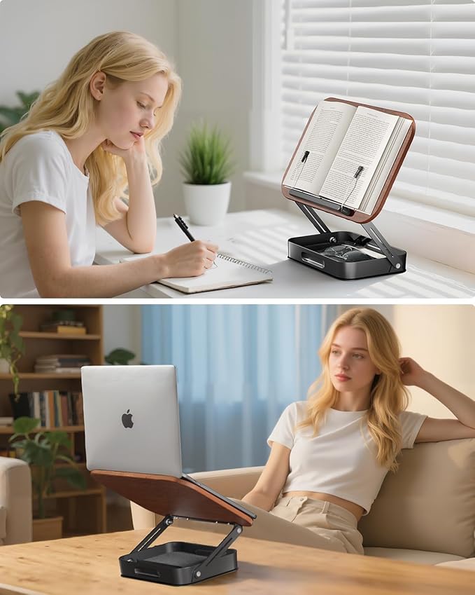 Viozon 360° Rotating Ergonomic Book Stand for Reading - Adjustable Wood Book Holder for Neck Pain Relief, for Heavy Textbooks & Cookbooks, No-Assembly Hands-Free Stand for Students & Home Office