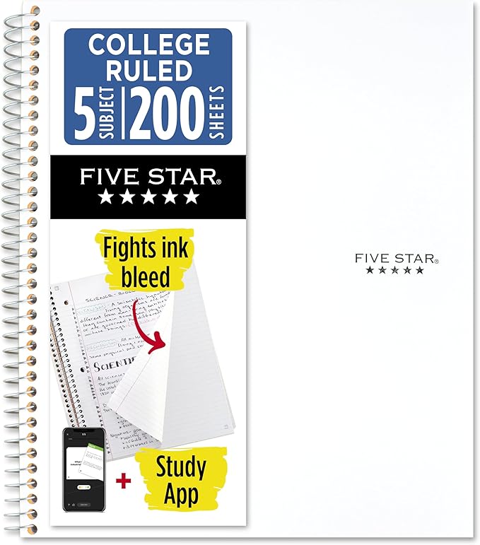 Five Star Spiral Notebook + Study App, 5 Subject, College Ruled Paper, 8-1/2" x 11", 200 Sheets, Fights Ink Bleed, Water Resistant Cover, White (72460)