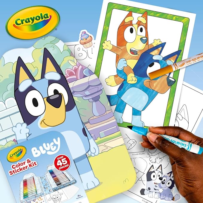 Crayola Bluey Art Kit for Kids (45pcs), Bluey Coloring Book Pages & Stickers for Kids, Arts & Crafts Set, Toys for Girls & Boys, Gift, 4+